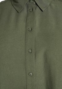 Grüne Hemdbluse mit spitzem Kragen und fünf sichtbaren runden Knöpfen, die vertikal mittig angeordnet sind.