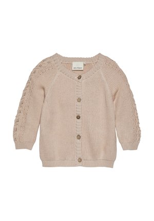 Cárdigan de punto beige con un tejido texturizado y detalles decorativos de calados en las mangas, que presenta un cierre de botones en la parte delantera y un dobladillo acanalado.