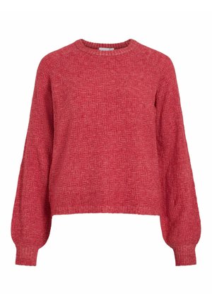 Červený pletený svetr s kulatým výstřihem, dlouhými rukávy s mírným nařasením a texturovaným vzorem po celé ploše. Zkrácená délka v pase.