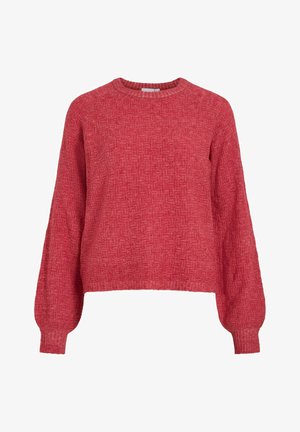 Jersey rojo de punto con un cuello redondo, mangas largas con un ligero acolchado y un patrón texturizado en toda la prenda. Largo recortado a la altura de la cintura.