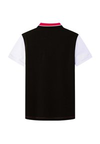 Kurzarm-Polohemd mit schwarzem Körper, weißen Ärmeln und pinkem Kragen. Verfügt über ein einfaches, einfarbiges Design und einen geraden Schnitt.