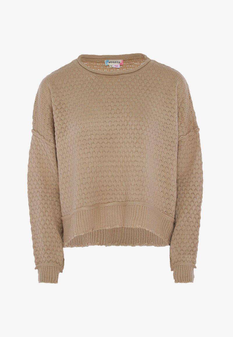 Beżowy sweter dzianinowy z teksturowanym wzorem plasterka miodu, z długimi rękawami i ściśniętym dołem. Okrągły dekolt i luźny krój.