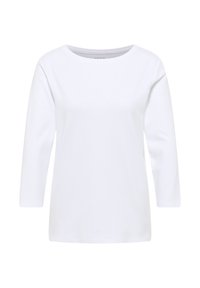 Hvid langærmet T-shirt lavet af blødt bomuld, med rund hals og en afslappet pasform. Glat tekstur, enkelt design, uden mønstre eller accenter.