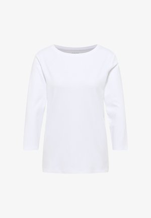 White long-sleeve T-shirt made of soft cotton, featuring a round neckline and a relaxed fit. Smooth texture, simple design, no patterns or accents.