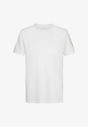 Weißes T-Shirt mit kurzen Ärmeln aus Baumwolle, mit einem klassischen Rundhalsausschnitt und einer lässigen Passform, ohne Muster oder Akzente.