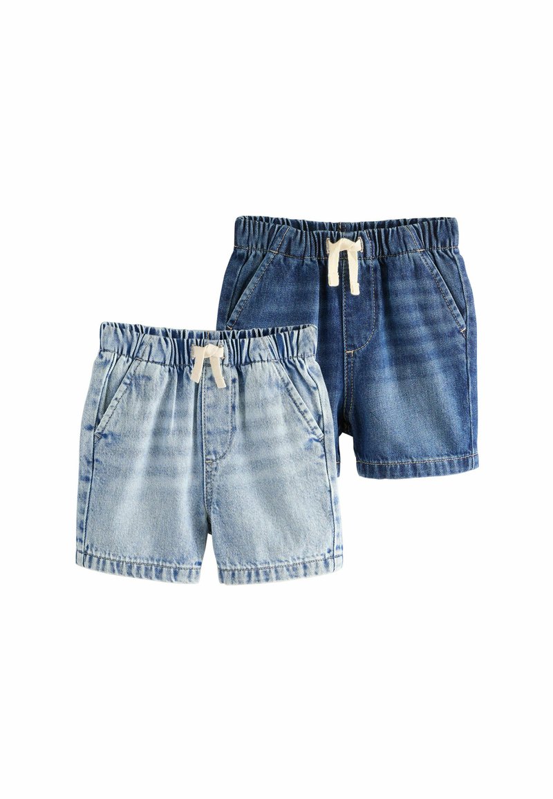 Denim-Shorts in zwei Farben: hellblau und dunkelblau. Beide haben einen elastischen Bund mit Kordelzug und seitliche Taschen.