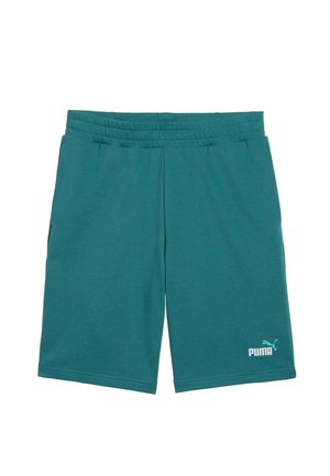 Athletické šortky Puma v petrolejovo zelenej farbe s elastickým pásom a bočnými vreckami, s logom Puma na dolnej ľavej nohe.