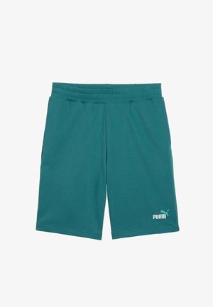 Türkizzöld Puma sport rövidnadrág rugalmas derékpánttal és oldalzsebekkel, Puma logóval az alsó bal lábszáron.