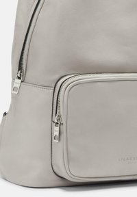 Hellgrauer Leder-Rucksack mit glatter Textur, ausgestattet mit einer vorderen Reißverschlusstasche und silberfarbenen Reißverschlüssen, minimalistische Designakzente.