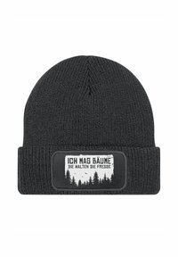 Black knitted beanie with a folded cuff, featuring a rectangular patch with white text and a mountainous forest graphic.