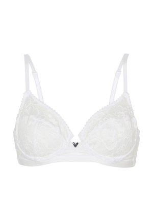 Reggiseno bianco in pizzo con coppe triangolari, spalline regolabili e bordi ondulati. Presenta un piccolo accessorio metallico a forma di cuore al centro.