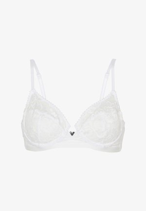Reggiseno bianco in pizzo con coppe triangolari, spalline regolabili e bordi ondulati. Presenta un piccolo accessorio metallico a forma di cuore al centro.