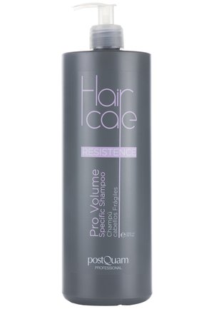 Botella gris de champú específico PostQuam Professional Hair Care Resistance Pro Volume con dispensador de bomba blanca.