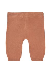 Mjuka stickade babybyxor i terrakottafärg med ribbad midja och ärmslut, designade för värme och komfort.