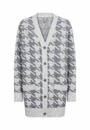 Hallukad ja helesinised houndstooth mustriga kardigan, mis on valmistatud pehmest kudumist, omades V-kaelust, viit nuppu ja kaks esistikku.