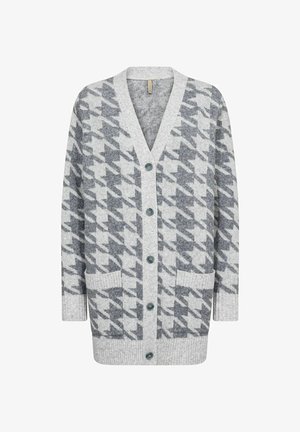 Harmaa ja vaaleanharmaa houndstooth-neulecardigan, joka on valmistettu pehmeästä neuloksesta. Siinä on V-pääntie, viisi nappia ja kaksi etutaskua.