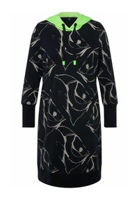 Robe à capuche noire avec un motif graphique de feuilles beiges ; comprend une capuche verte, des cordons de serrage et des manches longues. Tissu doux et poignets côtelés.