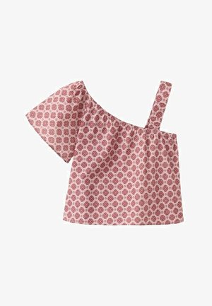 Roza kratka majica z odkritim ramenom in enim rokavom, okrašena z vzorcem majhnih temneje roza cvetov, ki se ponavlja.