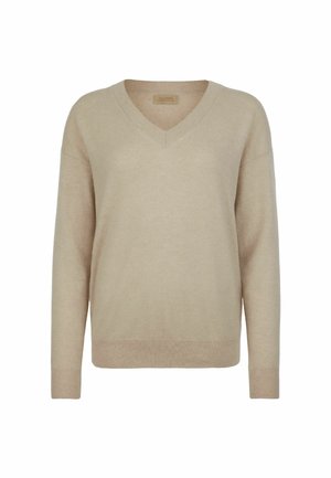 Beige V-hals sweater lavet af blødt strikmateriale. Har en afslappet pasform med lange ærmer samt ribstrikkede manchetter og kant. Minimalistisk design.