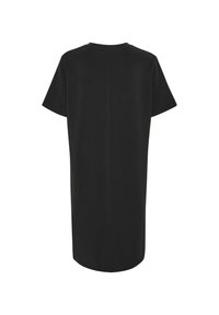 Czarny, krótki rękaw T-shirt z okrągłym dekoltem, wyeksponowany od tyłu na białym tle.