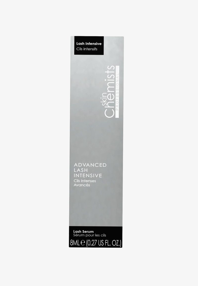 Srebrne pudełko na serum do rzęs z czarnym i białym tekstem, z tytułem "Lash Intensive", objętość 8 ml oraz profesjonalne logo.