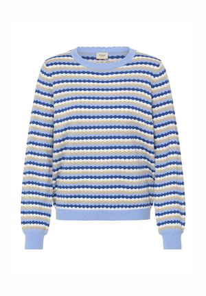 Plavi i bež prugasti džemper s uzorkom dijamanta. Pleteni materijal, rebrasti okrugli izrez i manžete. Opušteni kroj s dugim rukavima.