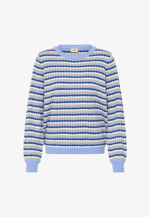 Blauw en beige gestreept shirt met een ruitpatroon. Gebreide stof, geribde ronde halslijn en manchetten. Losse pasvorm met lange mouwen.