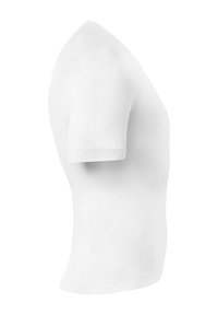 T-shirt blanc à manches courtes en mélange de coton lisse. Présente un design ajusté, un col rond et une texture côtelée sur les côtés.