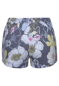 Bloemmotief shorts met een grijze achtergrond, felle bloemen in roze, geel en blauw, met een elastische tailleband en zachte katoen stof.