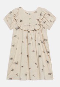 Kremowa sukienka z krótkim rękawem, z falbaniastym kołnierzykiem, trzema dekoracyjnymi guzikami oraz małymi nadrukami kwiatowymi w odcieniach niebieskiego, różowego i brązowego.