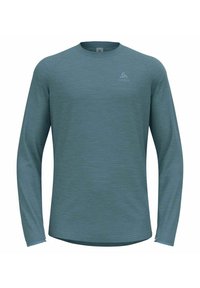 Langarm actieve shirt in gedempt teal, gemaakt van gestructureerde stof. Heeft een ronde halslijn en een subtiel logo aan de voorkant.