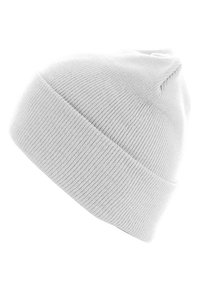 Bonnet en tricot gris clair avec texture en côtes, featuring un revers replié et un sommet légèrement effilé.