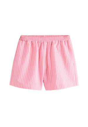 Shorts rose clair avec de fines rayures blanches verticales, une taille élastique et une texture douce. Comprend des poches latérales pour plus de praticité.