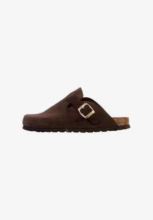 Brown suede slip-on clog with a single adjustable buckle strap and cork footbed, side view on a white background.
