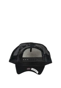 Black trucker cap featuring a solid front panel, mesh back, curved brim, and adjustable snap closure with five sizing buttons.