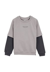 Felpa grigia in cotone con maniche raglan; grigio scuro approssimativamente all'altezza del gomito. La parte anteriore presenta la scritta "BLUE RIDGE ATHLETICS" stampata in grigio.