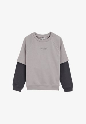 Pilkas medvilninis sportinis džemperis su raglan rankovėmis; tamsesnis pilkas maždaug alkūnių lygyje. Priekyje yra užrašas "BLUE RIDGE ATHLETICS" pilku raštu.