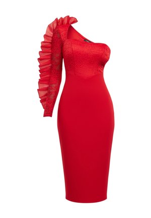 Červené přiléhavé šaty s jedním dlouhým rukávem z volánkové krajky. Korzet má krajkový překryv a silueta je přímá, sahající ke kolenům.