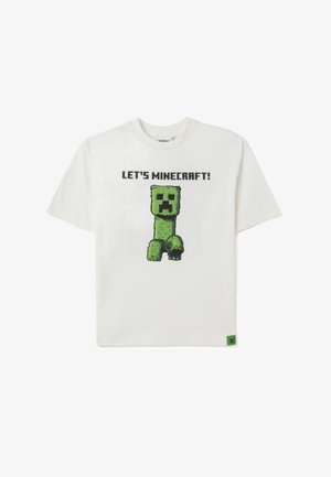 Witte katoenen t-shirt met een groene Minecraft Creeper graphic en de tekst "LET'S MINECRAFT!" in het zwart. Label in de hoek onderaan is groen.