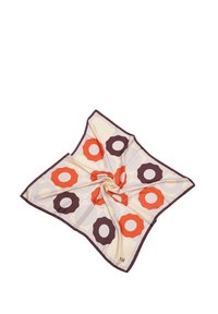 Silk scarf featuring a geometric pattern with red, orange, brown, and cream colors; scalloped shapes with a dark border.