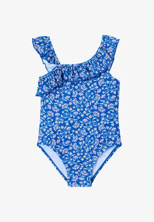 Blue one-piece swimsuit with pink and white floral pattern and ruffled asymmetric neckline on a white background.
