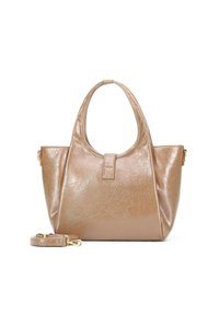 Tasche aus hellbraunem Kunstleder mit strukturiertem Finish, doppelten Griffen, abnehmbarem Trageriemen und goldfarbenen Hardware-Akzenten.