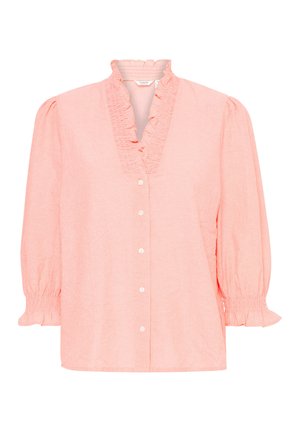 Light pink button-up shirt with ruffled neckline, puffy sleeves, and subtle stripes; features gathered cuffs and a relaxed fit.