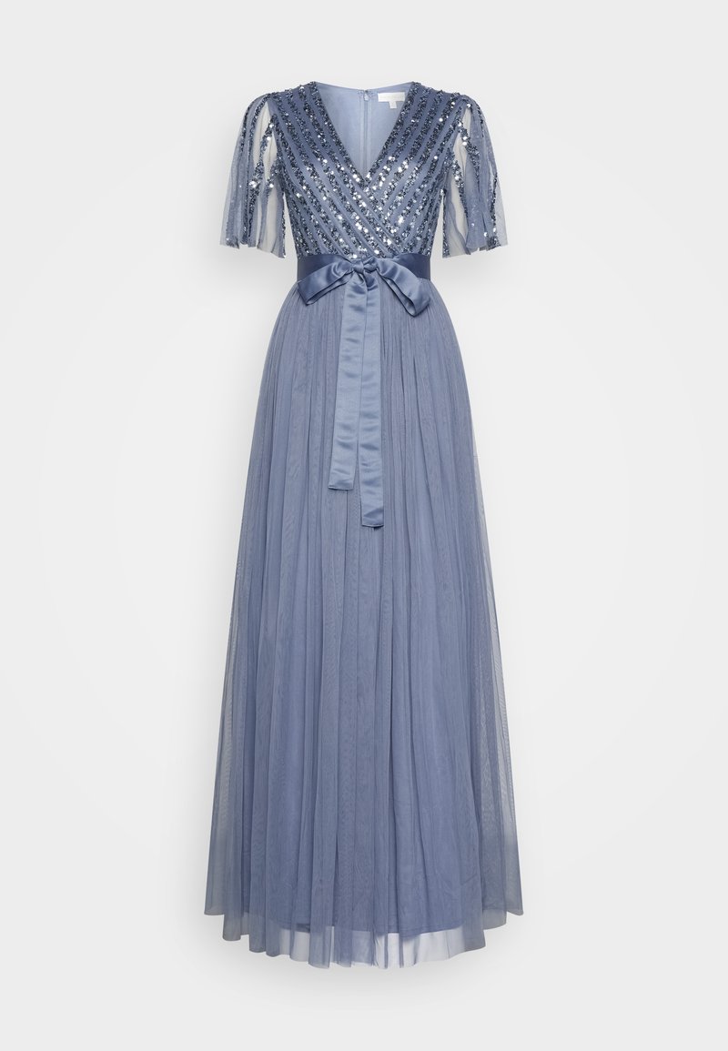 Maya Deluxe STRIPE EMBELLISHED WRAP FRONT FLUTTER SLEEVE MAXI