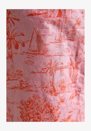 Pink fabric featuring a light orange tropical scene with palm trees, sailboats, and a house, displaying an intricate pattern and texture.