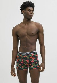 Boxer neri con una stampa colorata di fenicotteri e angurie, dotati di un elastico bianco con logo. Tessuto di cotone con una texture liscia.