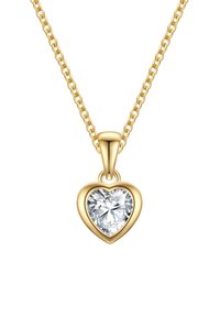 Collana d'oro con un ciondolo a forma di cuore, al centro del quale si trova un gemma trasparente e sfaccettata. I link della catena sono di forma ovale e texture.