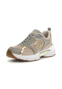 Baskets beiges et grises avec mesh et accents métalliques dorés, logo de marque sur le côté, semelle blanche avec semelle brune, et lacets gris.