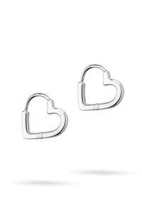 Silberne Creolen in Herzform mit polierter Oberfläche und Scharnierverschluss. Auffälliges Herzdesign mit glatten Kanten.