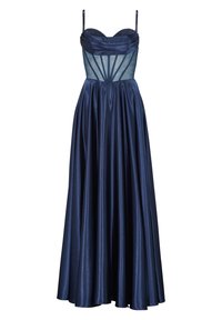 Abito da sera in satin blu navy con corpino aderente, pannelli in rete trasparente e una gonna fluida che si estende fino al pavimento. Spalline regolabili a spaghetti.